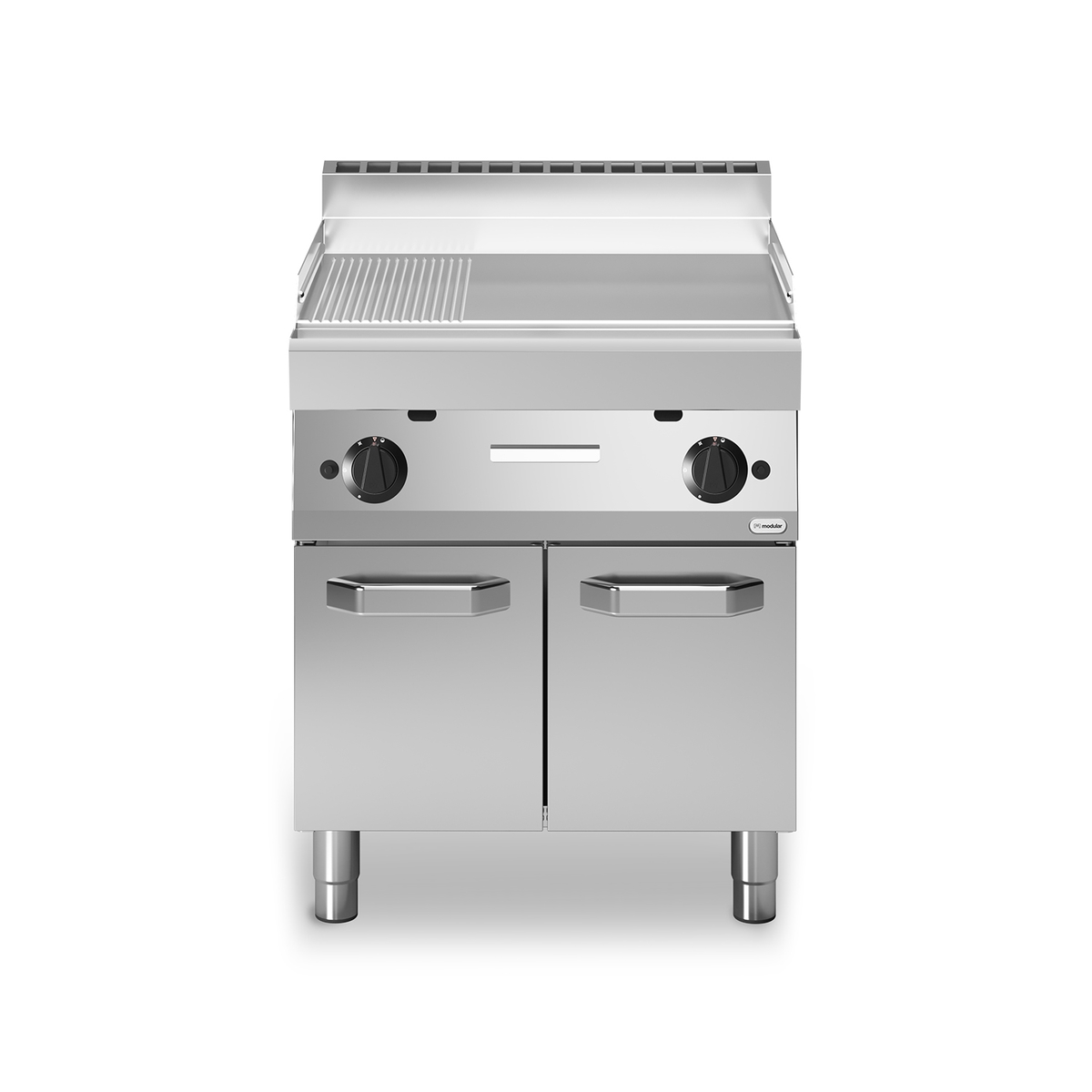 Frittierplatte Gas FUN 70/70 2/3 glatt 1/3 Rillenplatte 11,4 kW Fach mit Türen